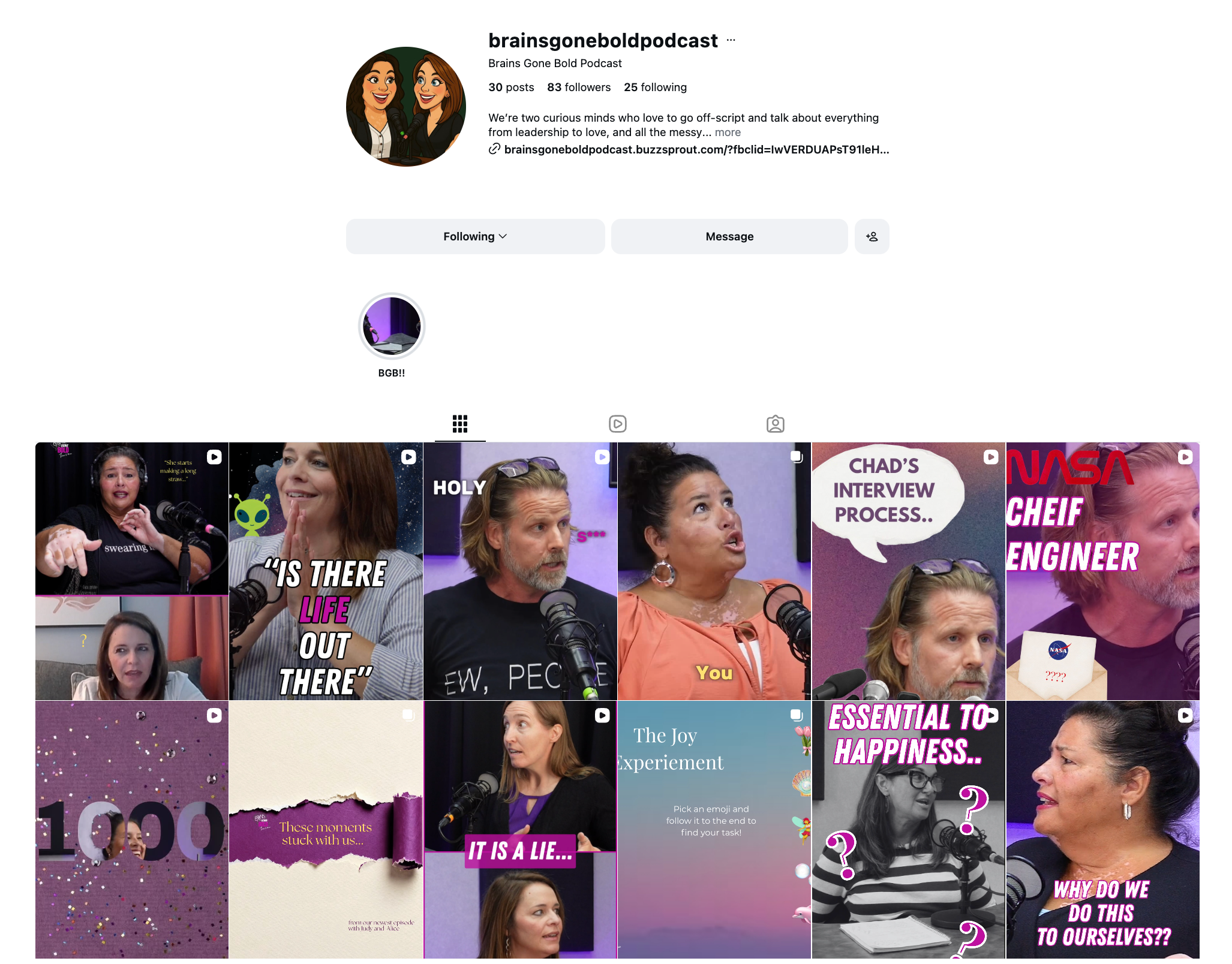 Brains Gone Bold Instagram feed after Dodani